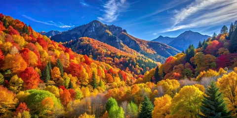 Fototapete Serene autumn scene in the mountains with colorful foliage and clear blue skies, autumn, mountains, scenic, fall, trees © Sujid