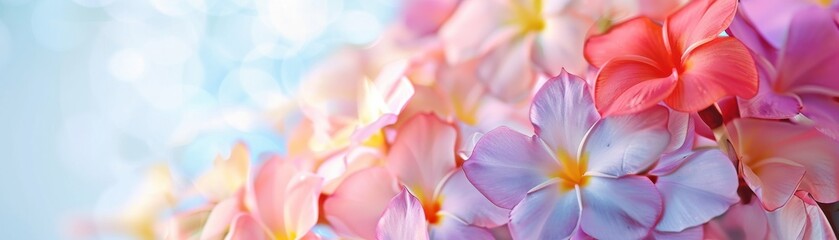 Beautiful close-up of vibrant plumeria flowers in pink, blue, and purple shades, with a soft blue background and gentle sunlight. Spring bloom.