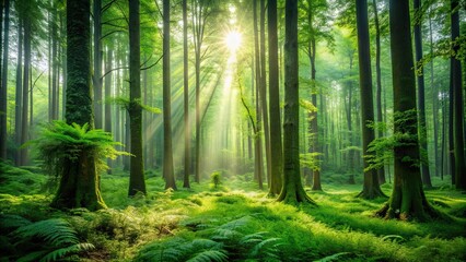 Fototapeta premium Lush green forest with tall trees and a vibrant ecosystem, nature, trees, foliage, wildlife, environment