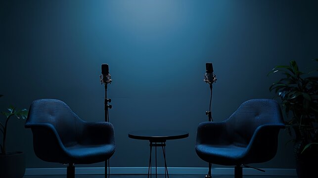 Two chairs and a table in front of a blue wall with a microphone on a stand.