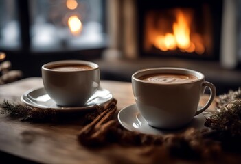 Obraz premium christmas table christmas fireplace cup floor rustic ceiling holiday living cozy windows winter coffee decoration house decorated big home living wooden room room with