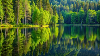 Obraz premium Tranquil forest reflection on a calm lake surface, nature, reflections, serene, peaceful, stillness, trees, water, forest