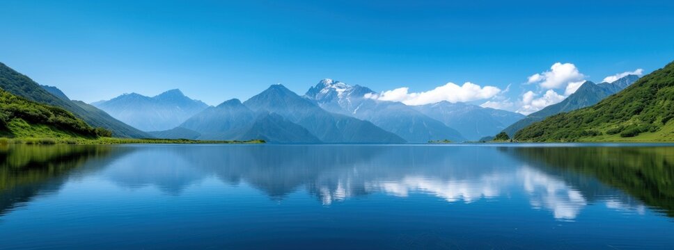 A serene lake with a reflection of the Japanese Alps, clear natural light, ample copy space