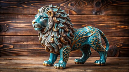 Ornate lion sculpture with intricate floral patterns, blue body, and earthy tones on wooden surface , lion, sculpture, ornate