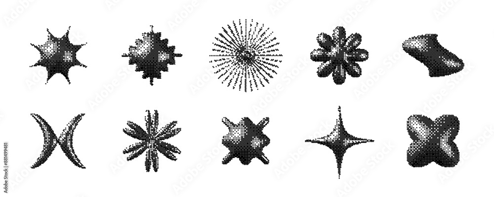 Poster pixelated 3d y2k shape set. bitmap stars, flowers, sparkles element collection. retro 8 bit sticker 