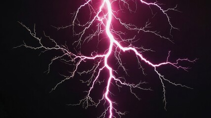 A striking bright pink lightning bolt illuminates the dark night sky, showcasing the raw power and beauty of this natural phenomenon.
