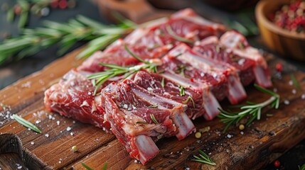 Fototapeta premium Fresh Raw Lamb Ribs on Wooden Cutting Board with Rosemary and Spices Ready for Cooking