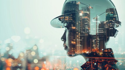 Engineer in hardhat with AI-generated construction site