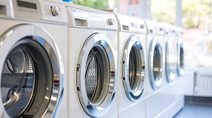Row of white washing machines in a laundromat, with a blurred background.