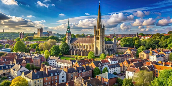 Panoramic view of Norwich medieval heritage skyline with historic buildings, churches, and castle , Norwich