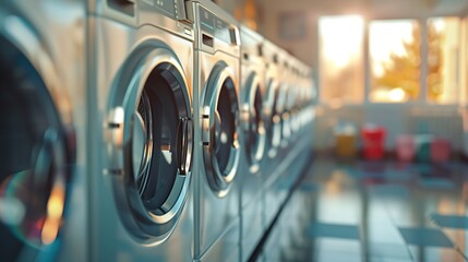 Row of washing machines in a laundromat.