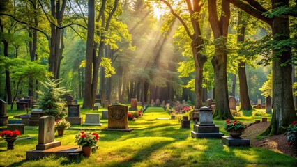 Peaceful cemetery in the woods surrounded by trees and nature, Waldfriedhof, forest, quiet, serene, burial ground, cemetery