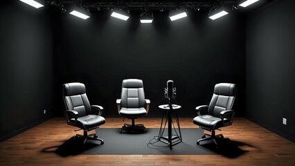 A professional podcast studio setup with three black office chairs and a microphone on a stand.
