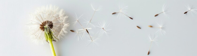 A close-up of a dandelion with seeds blowing away, symbolizing change, freedom, and the beauty of nature in motion against a white background.