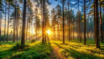 Fototapeta premium Sunrise peeking through the trees in a serene forest setting, sunrise, forest, trees, nature, morning, sunlight, peaceful