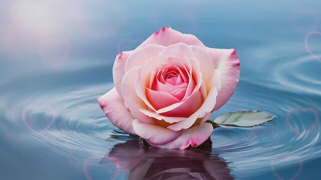 pink rose in calm water with love for wedding , valentine footage template