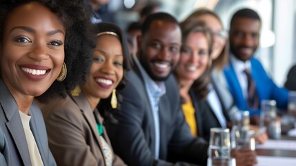Diverse team at conference table, smiling in a close-up view.
