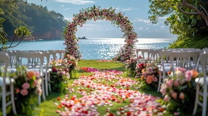 An outdoor wedding with pink rose archway. 