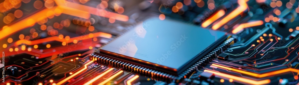 Poster close-up of an integrated circuit on a printed circuit board with colorful traces, showcasing modern