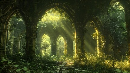 A dark, narrow tunnel with vines growing on the walls. The tunnel is illuminated by sunlight, creating a sense of mystery and intrigue