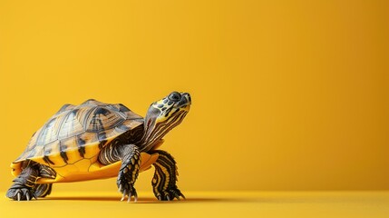 Close-up of a Cute Turtle against Vibrant Yellow Background