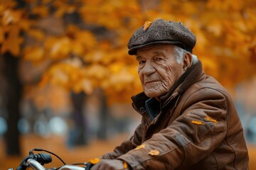 Elderly Man in Autumn Park Wearing Brown Jacket and Cap, Surrounded by Falling Leaves on Bicycle