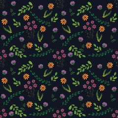 Seamless floral pattern with hand drawn plants, leaves, wild flowers