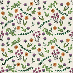 Watercolor wildflowers seamless floral pattern. Spring, summer garden. Botanical design