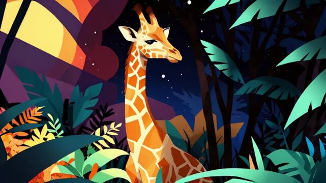 カラフルな夕焼けに映えるキリンのシルエット 明るいアニメーション