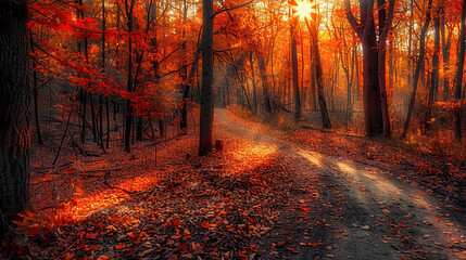 Fototapeta premium Vibrant orange and red leaves in an autumn forest, with golden sunlight filtering through the trees.