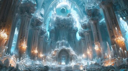 A large white structure with a lot of ice and snow. Scene is cold and serene