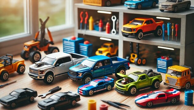 Toy cars parked inside a miniature garage setup with tools and equipment.