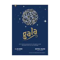 Gala dinner invitation template, retro disco ball and gold typography on dark blue