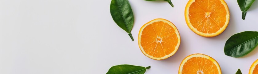 Fototapeta premium Fresh orange halves and green leaves on a white background, perfect for your healthy lifestyle and citrus-themed projects.