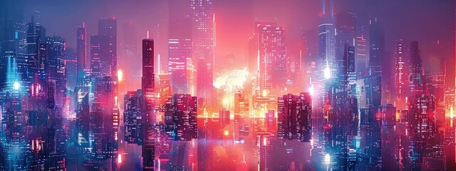 Fototapeta premium Futuristic Neon Cityscape at Night with Skyscrapers and Vibrant Lights