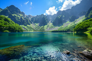 Experience Tranquility: Serene Mountain Landscape with Clear Lake and Towering Peaks