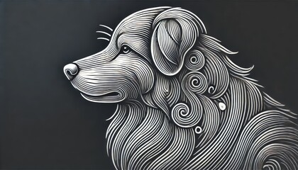 A stylized dog, showing a side profile with intricate line work and shading.
