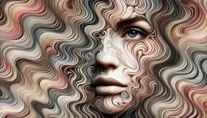 A woman's face with wavy, abstract patterns blending into her features, emphasizing a surreal, dream-like quality.