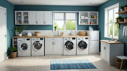 Modern laundry room with white cabinets, teal walls, and a window.