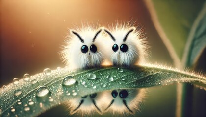 Two fluffy white creatures with black eyes and feathery antennae sitting close together on a leaf covered in morning dew, reflecting light.