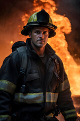 Naklejka premium Brave firefighter battles intense flames in emergency scenario, showcasing courage and danger