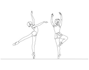 Continuous one line drawing of two ballet dancer. One line drawing illustration of two ballet dancer. Ballerina concept one line. Editable outline.