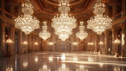 A large room with many chandeliers hanging from the ceiling. The room is filled with light and the chandeliers are shining brightly. The room has a grand and elegant atmosphere