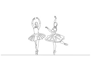 Continuous one line drawing of two ballet dancer. One line drawing illustration of two ballet dancer. Ballerina concept one line. Editable outline.