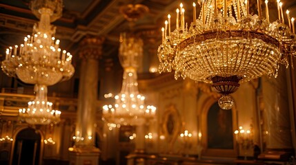 Obraz premium A large room with many chandeliers hanging from the ceiling. The room is filled with light and the chandeliers are shining brightly. The room has a grand and elegant atmosphere