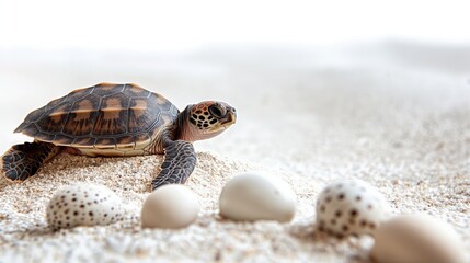 Obraz premium Adorable Baby Sea Turtle Hatching from Egg Surrounded by Other Eggs on Beautiful Sandy Beach