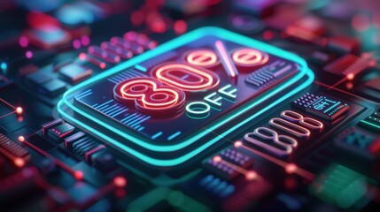 Neon 80 percent off sign on a vibrant, futuristic circuit board background, ideal for tech sale promotions and digital discount marketing.