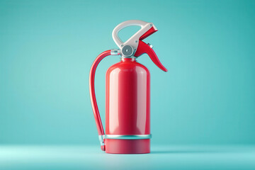 Obraz premium Minimalistic red fire extinguisher on a light blue background, digital illustration, emphasizing the importance of fire safety.