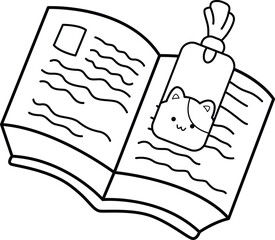 Cute Cat Bookmark in an Open Book in black and white coloring