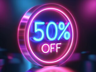 Vibrant neon sign with '50 percent off' text in a modern, glowing style. Perfect for advertising sales, discounts, and special offers.